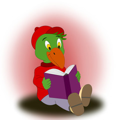 A green parrot dressed in red sweatshirt and caps sitting and reading a book.