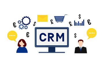 CRM lettering on the computer screen. Customer relationship management vector illustration. Software for working with clients. Modern technologies of business automation.