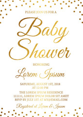 Gold confetti baby shower invitation card. Golden glittering polka dots invite for the parents to-be party. Vector illustration. Easy to edit template for your designs.