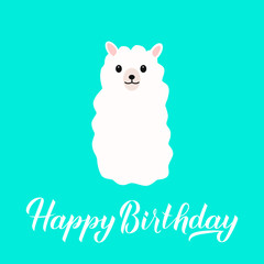 Happy Birthday hand drawn brush calligraphy lettering and Cute cartoon alpaca or llama on mint green background. Vector template for greeting card, banner, typography poster, flyer, sticker, t-shirt. 