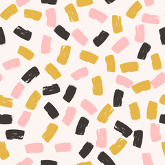 Hand painted brush strokes seamless pattern. Abstract vector background in pink, gold and dark gray colors. Grunge textured backdrop. Easy to edit template for textile, fabric, wrapping paper, etc.