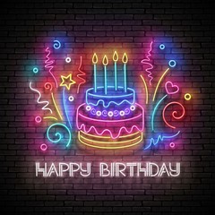 Glow Greeting Card with Cake, Candles, Confetti and Happy Birthday Inscription