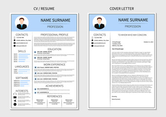 Resume template for men. Modern CV and cover letter layout with infographic. Minimalistic  curriculum vitae design. Employment vector illustration.