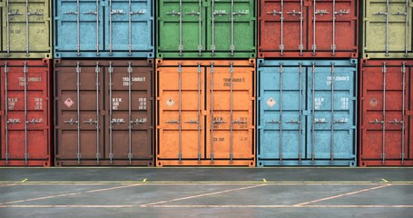 Line of cargo shipping containers. Rows of painted shipment cargo containers stacked in a line on a ground with markup for loading and unloading transportation trucks and crane. Seamless loop.