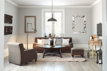 Scandinavian contemporary style living room area interior with simplistic accents. 3d rendering