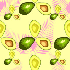 Avocado seamless pattern with tropical leaves of palm tree, background.