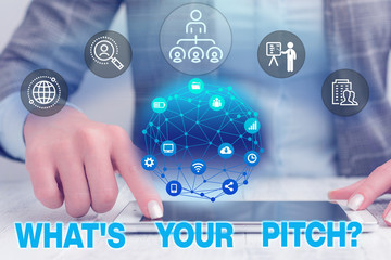 Text sign showing What S Is Your Pitch question. Business photo text asking about property of sound or music tone Female human wear formal work suit presenting presentation use smart device