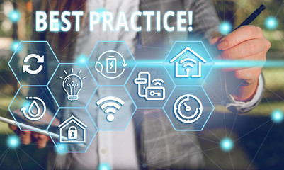 Word writing text Best Practice. Business photo showcasing commercial procedures that are accepted prescribed being correct Female human wear formal work suit presenting presentation use smart device