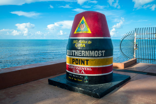 Scenic morning view of brightly painted Southernmost Point buoy in Key West, Florida, USA