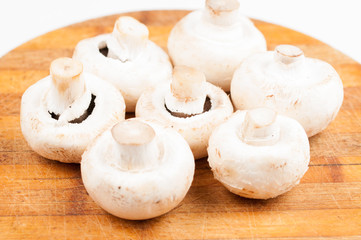 Mushrooms on wooden board isolated on white background. Healthy food.Copy space