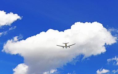 Airplane flying towards a single large cloud, with blue skies.