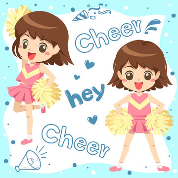 Cute cheerleader with pink uniform character cartoon and blue font accessory on white background - vector