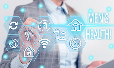 Writing note showing Men S Health. Business concept for state of complete physical mental and social well being by analysis Female human wear formal work suit presenting smart device