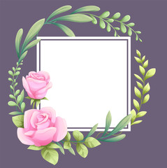 Rose and leaves circle garland, Flora design card, Greeting card with white square area  on purple background - vector illustration