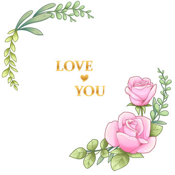 Pink rose and leaves frame, border, beautiful decoration vintage flower with gold font - vector illustration