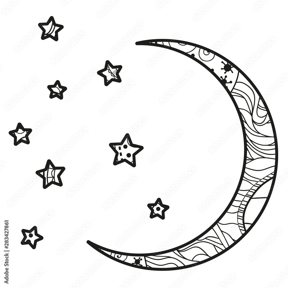 Sticker crescent moon and stars with abstract patterns on isolation background. design for spiritual relaxat