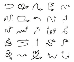 Infographic elements on isolated white background. Hand drawn wavy arrows. Set of different pointers. Abstract indicators. Black and white illustration