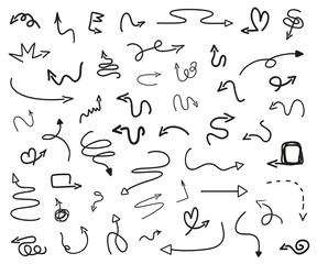 Infographic elements on isolated white background. Hand drawn simple arrows. Set of different pointers. Abstract indicators. Black and white illustration