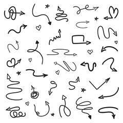 Infographic elements on isolated white background. Hand drawn simple arrows. Set of different pointers. Abstract indicators. Black and white illustration