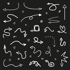 Infographic elements on isolated black background. Hand drawn wavy arrows. Line art. Set of different pointers. Abstract indicators. Black and white illustration