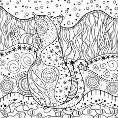 Fototapeta premium Abstract cat. Hand drawn patterns on isolation background. Design for spiritual relaxation for adults. Black and white illustration for anti stress colouring page