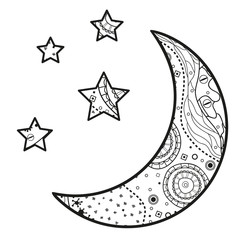 Crescent moon with stars with abstract patterns on isolation background. Design for spiritual relaxation for adults. Black and white illustration for anti stress colouring page