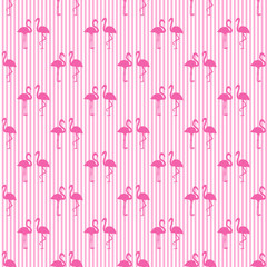 Seamless stripe wallpaper with flamingos. Hand drawn cartoon birds. Print for polygraphy, shirts and textiles. Colored texture. Pattern for your design