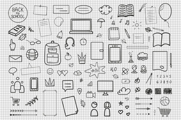 Hand drawn infographic elements. Education concept. Abstract pattern with school supplies. Graphic paper background. Checkered texture. Back to school. Black and white illustration