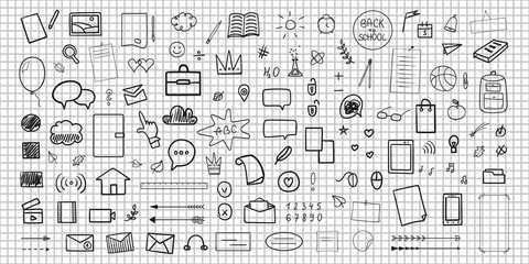 Hand drawn infographic elements. Education concept. Abstract pattern with school supplies. Graphic paper background. Checkered texture. Back to school. Black and white illustration