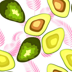 Avocado seamless pattern on tropical leaves background. Cute nature illustration. Decorative design for textile, fabric, wallpaper.