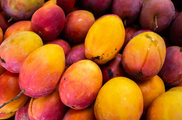 Fototapeta na wymiar red stacks of mango fruits