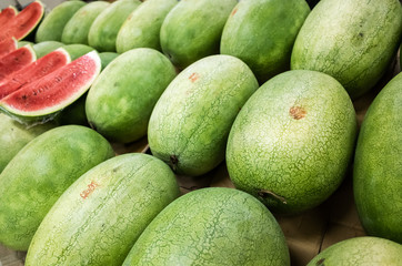 watermelon stacked on the marketplace