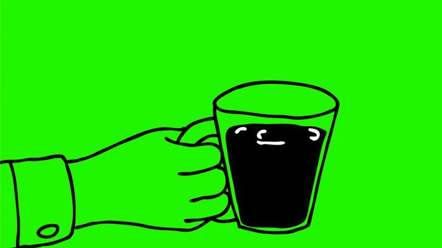 2d Animation motion graphics drawing of a hand holding a coffee cup liquid pouring on white and green screen with alpha matte in HD high definition.