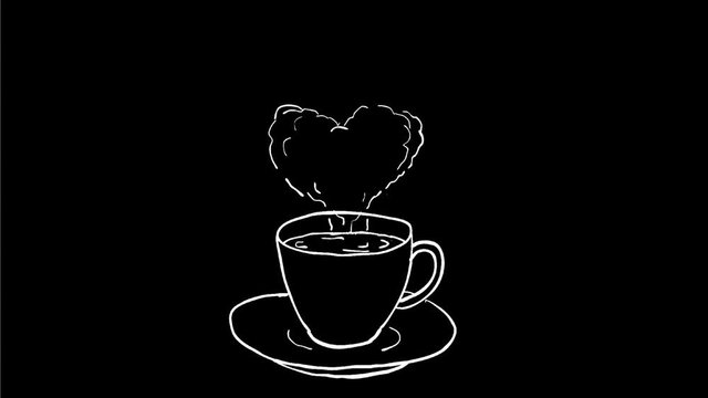 2d Animation Motion Graphics Drawing Of A Coffee In Cup With Hot Steam Going Up Forming Heart On White, Green, Black Screen With Alpha Matte In HD High Definition.