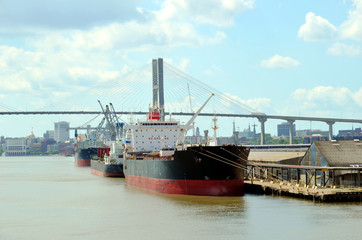 Cargo ships in the port of Savannah, Georgia. 