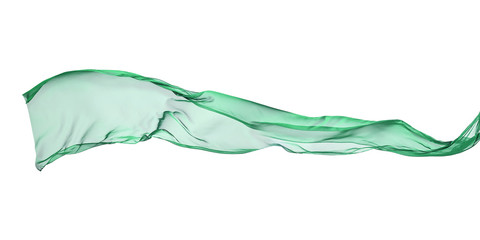Green fabric flying in horizontal shape, isolated on white background with clipping path.