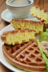 Close up of tuna waffle pancake 