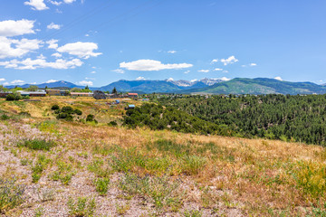 Fototapeta na wymiar Landscape view during summer from High Road to Taos of mountains and village called Truchas