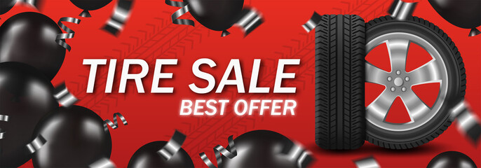 Tire sale with car wheel and black balloons and confetti on red background poster card © garikprost