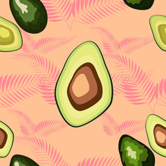 Tropical seamless pattern with avocado and leaves.