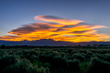 View of sunrise and grass green desert sage brush plants in Ranchos de Taos valley and green...