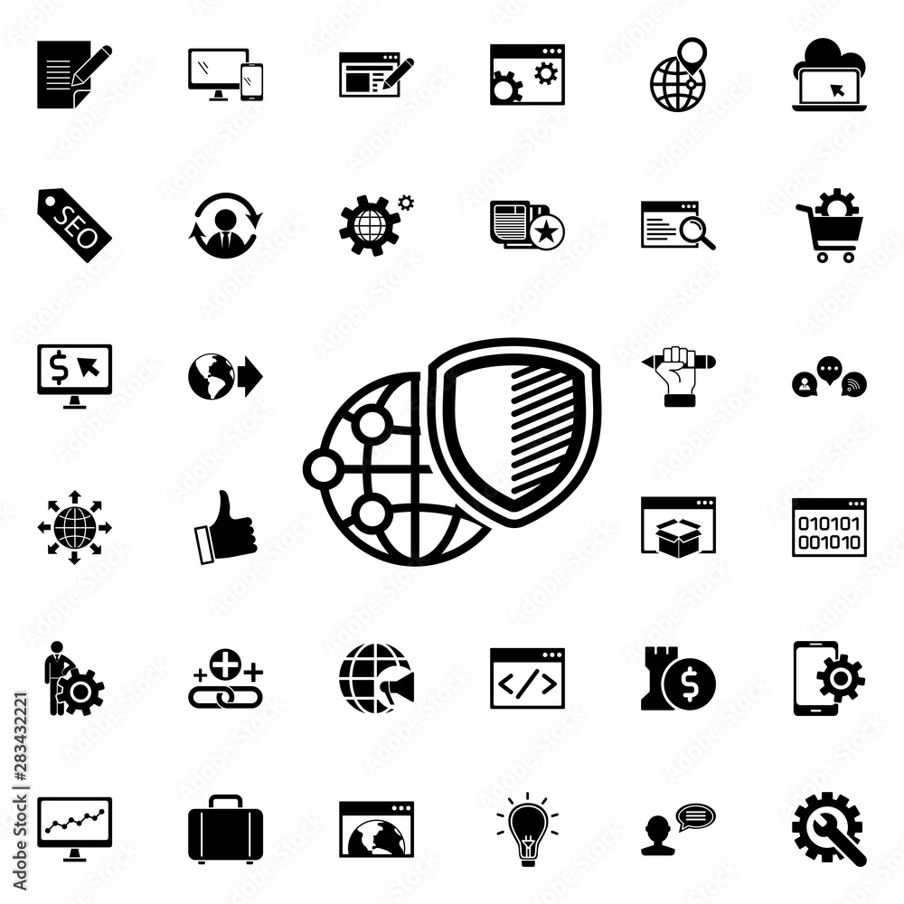 Poster lobal network protection icon. universal set of seo and development for website design and developme