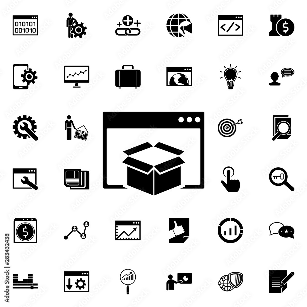 Poster seo packet icon. universal set of seo and development for website design and development, app develo