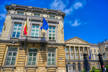 Fototapeta na wymiar Brussels, Belgium - April 27, 2019 - The Palace of the Nation, which houses the Belgian Chamber of Representatives and the Senate in Brussels, Belgium.