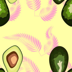 Tropical seamless pattern with avocado and leaves. Pattern for kitchen, covers and fabric.