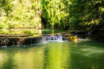 Obraz premium Waterfall in deep tropical rainforest with green tree