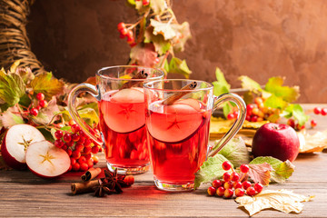 Autumn drink sangria with apple berry and cinnamon. Autumn concept. Selective focus. Copy space.