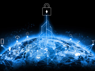 Global network and communication data exchanges over the planet Earth and transferring with technology of this image furnished by NASA. IOT Internet Of Things concept