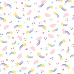 Ditsy seamless repeat pattern in pastel colors with shooting stars, rainbows and clouds