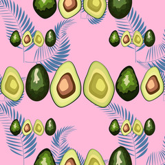 Trendy print with avocado and palm leaves. Seamless pattern with fruits and flowers. Retro textile collection